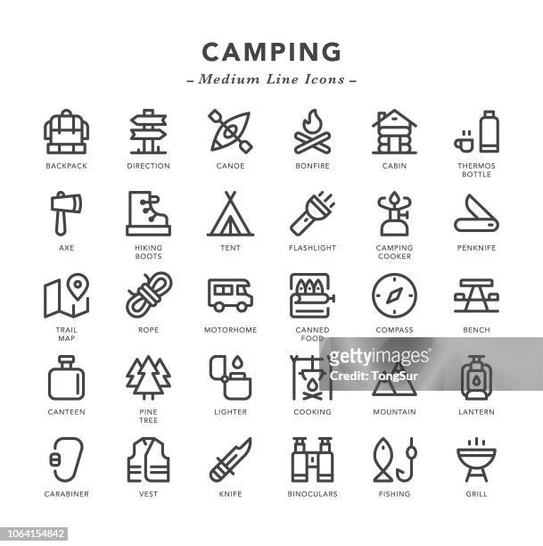 ilustraciones, imágenes clip art, dibujos animados e iconos de stock de camping - media línea de iconos - camping