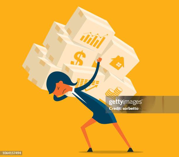 ilustraciones, imágenes clip art, dibujos animados e iconos de stock de crisis económica - empresaria - sobrecargado