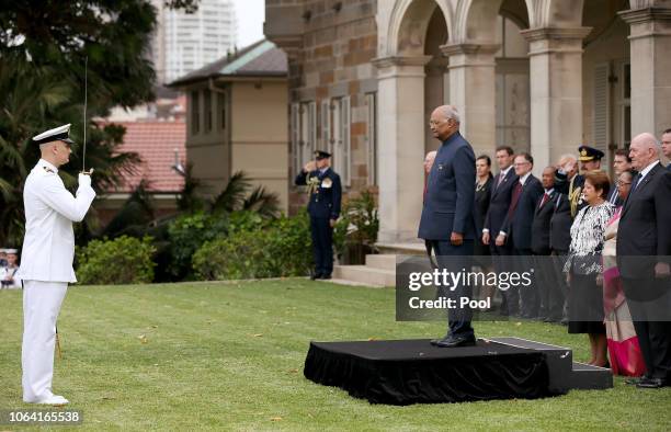 President of India, Ram Nath Kovind is given a salute during a welcome ceremony while visiting Admiralty House on November 22, 2018 in Sydney,...