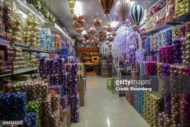 Christmas ornaments are displayed for sale at a store in Yiwu, Zhejiang province, China, on Thursday, Oct. 25, 2018. U.S. President Donald...