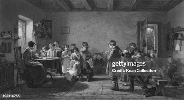 Illustration of children inside the village school. Painted by Thomas Webster in 1845.