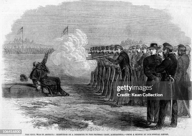 Illustration of a deserter being executed by a firing squad at the Federal Camp in Alexandria during the American civil war.