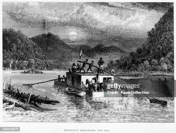 Illustration of emigrants on the Ohio River during the westward expansion of the United States circa 1840.