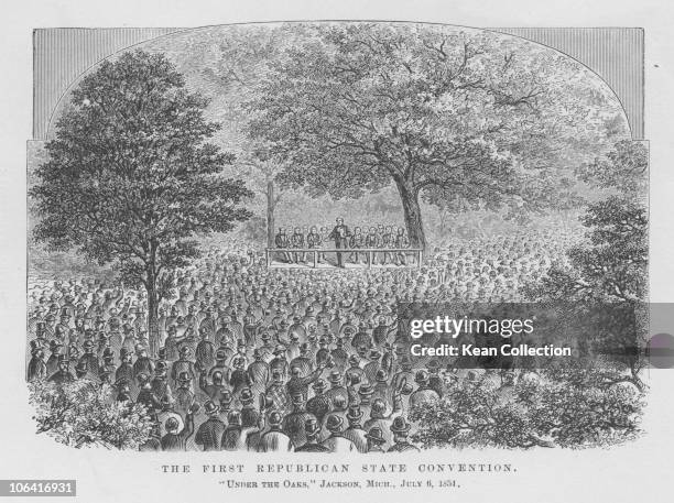 Illustration of the birth of the Republican Party 'Under the Oaks' at Jackson, Michigan on July 06, 1854.