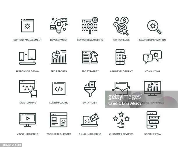 seo und entwicklung ikonen - line serie - aufführung stock-grafiken, -clipart, -cartoons und -symbole