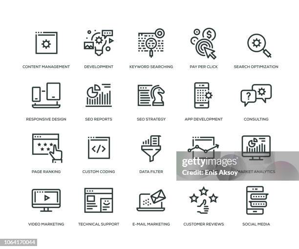 stockillustraties, clipart, cartoons en iconen met seo en ontwikkeling pictogrammen - line serie - development and coding