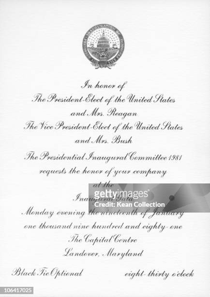 An invitation to an inaugural gala in honour of President-elect Ronald Reagan and Vice President-elect George Bush to be held at the Capital Centre...