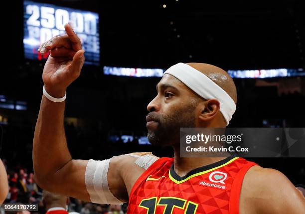 Vince Carter of the Atlanta Hawks reacts after scoring his 25,000th NBA point in the final seconds of their 124-108 loss to the Toronto Raptors at...