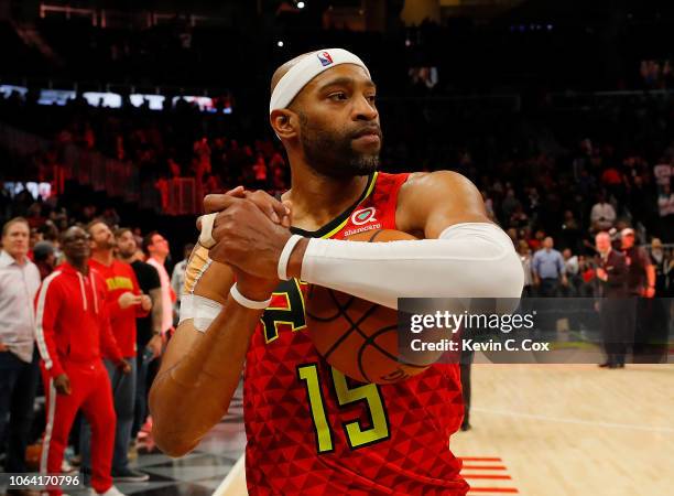 Vince Carter of the Atlanta Hawks reacts after scoring his 25,000th NBA point in the final seconds of their 124-108 loss to the Toronto Raptors at...