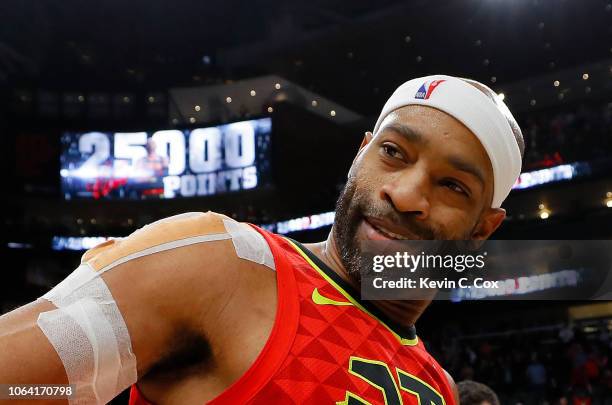 Vince Carter of the Atlanta Hawks reacts after scoring his 25,000th NBA point in the final seconds of their 124-108 loss to the Toronto Raptors at...