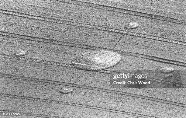 Aerial views of crop circles in Wiltshire, England in June 1985.