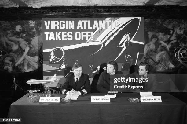 Alan Hellary, Richard Branson and Randolph Fields hold a press conference before the launch of Virgin Atlantic Airways in February 1984.