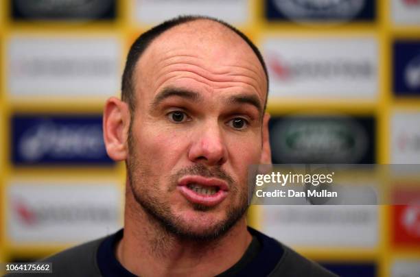 Nathan Grey, Defence Coach of Australia faces the media during a press conference at Celtic Manor Resort on November 06, 2018 in Newport, Wales.