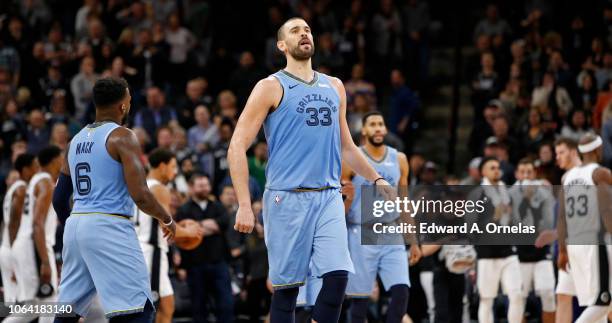 Marc Gasol of the Memphis Grizzlies celebrates with teammate Shelvin Mack after making the game winning free throws during an NBA game against the...