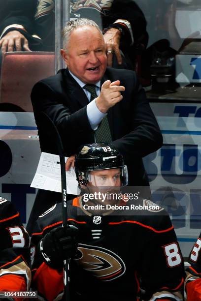 Randy Carlyle, head coach of the Anaheim Ducks coaches from the bench during the game against the Vancouver Canucks on November 21, 2018 at Honda...