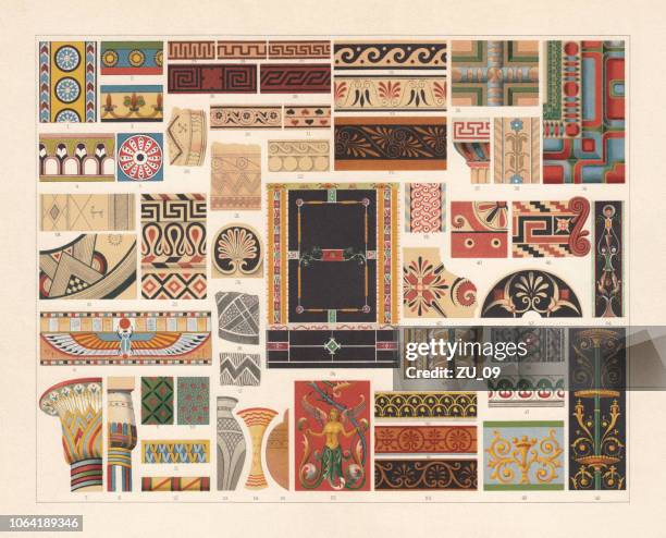 ilustrações de stock, clip art, desenhos animados e ícones de various patterns of antiquity, chromolithograph, published in 1897 - ac