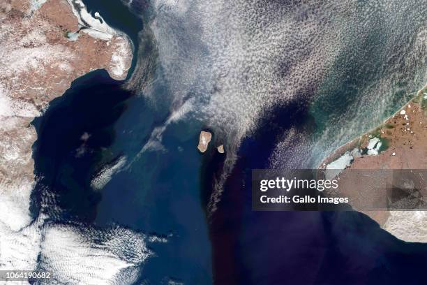 The Bering Strait links Alaska, United States of America and Siberia, Russia on June 14, 2017 in Bering Strait, Bering Sea.