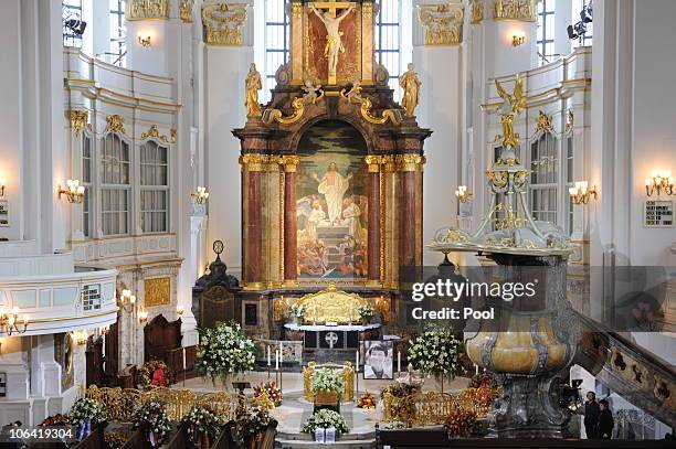 The coffin is seen during the memorial service for Loki Schmidt, wife of former German Chancellor Helmut Schmidt, at the St. Michaelis Kirche on...