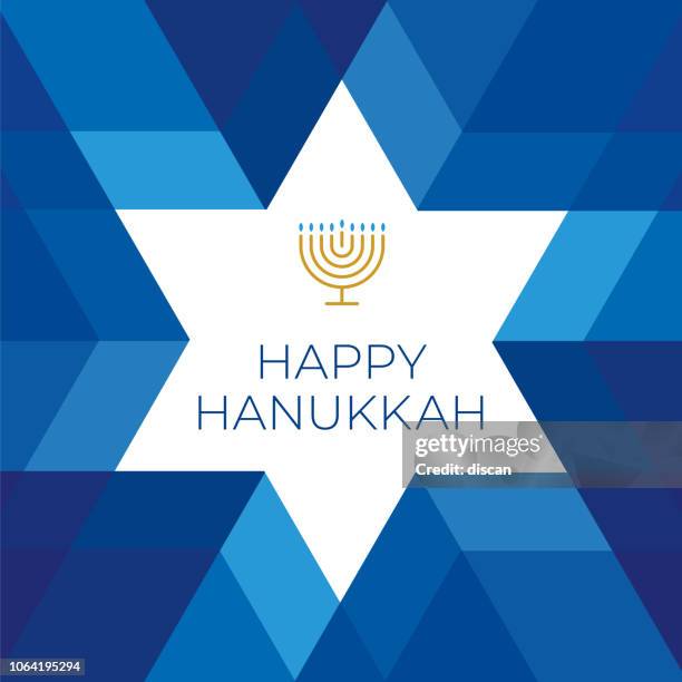 illustrations, cliparts, dessins animés et icônes de modèle de carte hannukkah heureux avec étoiles sur fond bleu - menorah