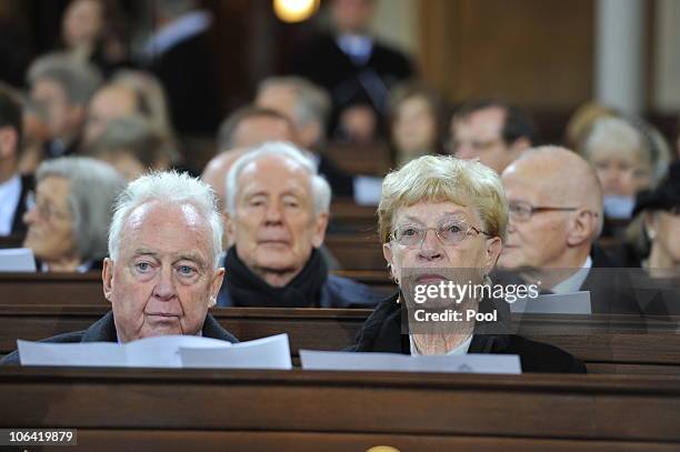 Politician Hans Apel with wife Ingrid and former mayor of Hamburg Klaus von Dohnanyi attend the memorial service for Loki Schmidt, wife of former...