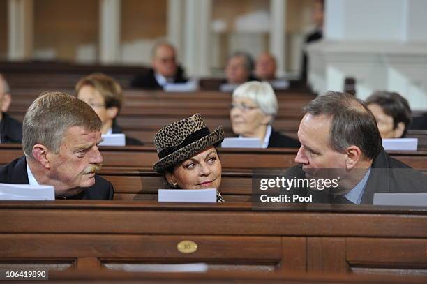 Manfred Lahnstein, his wife Sonja and Volker Ruehe attend the memorial service for Loki Schmidt, wife of former German Chancellor Helmut Schmidt, at...