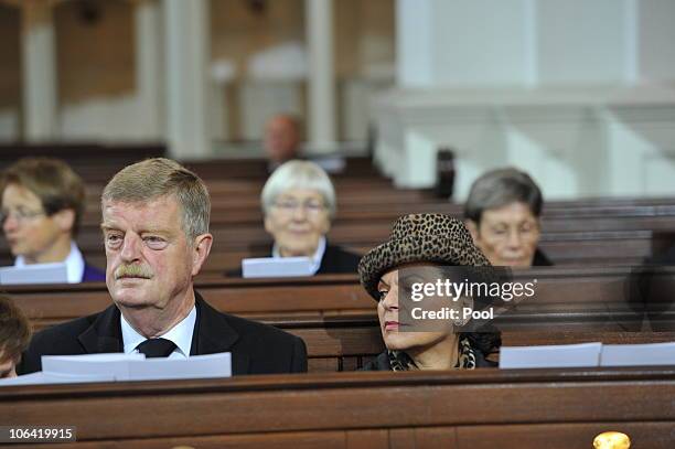 Manfred Lahnstein and wife Sonja attend the memorial service for Loki Schmidt, wife of former German Chancellor Helmut Schmidt, at the St. Michaelis...