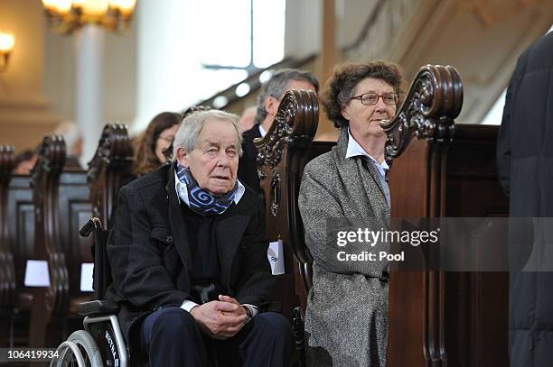 German writer Siegried Lenz attends the memorial service for Loki Schmidt, wife of former German Chancellor Helmut Schmidt, at the St. Michaelis...