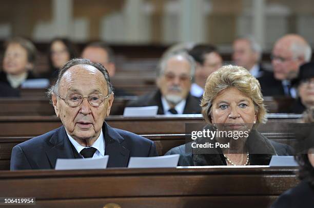Former German Foreign Minister Hans-Dietrich Genscher and his wife Barbara attend the memorial service for Loki Schmidt, wife of former German...