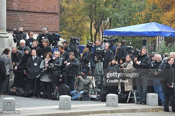 Media representatives are seen outside the memorial service for Loki Schmidt, wife of former German Chancellor Helmut Schmidt, at the St. Michaelis...