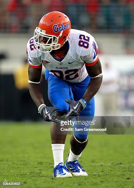 Omarius Hines of the Florida Gators lines up to run a pattern during the game against the Georgia Bulldogs at EverBank Field on October 30, 2010 in...