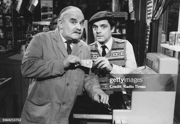 Portrait of actors Ronnie Barker and David Jason on the set of the television sitcom 'Open All Hours', March 7th 1982.