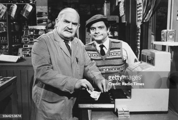 Actors David Jason and Ronnie Barker on the set of the television sitcom 'Open All Hours', March 7th 1982.