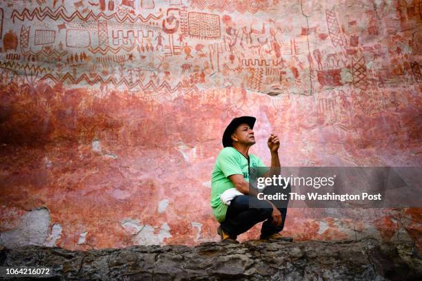 Jose Noe Rojas stands in front of the Cerro Azul indigenous rock paintings that date from 11,000 to 12,000 years ago. He used to grow coca on the...