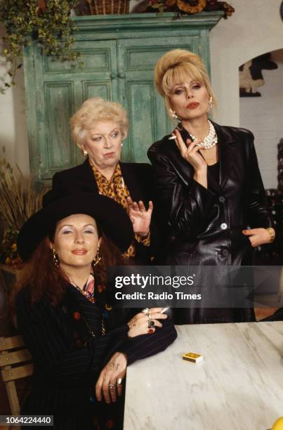 Portrait of actresses Jennifer Saunders, June Whitfield and Joanna Lumley on the set of the television sitcom 'Absolutely Fabulous', May 21st 1993.