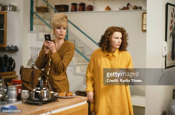 Actresses Joanna Lumley and Jennifer Saunders in a scene from episode 'Fat' of the television sitcom 'Absolutely Fabulous', February 19th 1992.