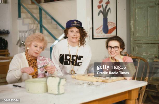 Actresses June Whitfield, Jennifer Saunders and Julia Sawalha on the set of the television sitcom 'Absolutely Fabulous' during the filming of episode...