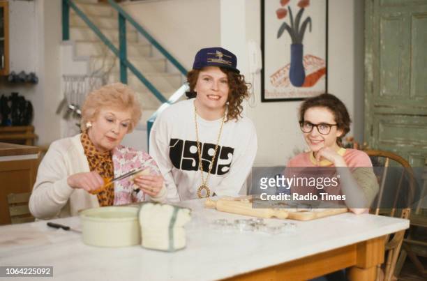 Actresses June Whitfield, Jennifer Saunders and Julia Sawalha on the set of the television sitcom 'Absolutely Fabulous' during the filming of episode...