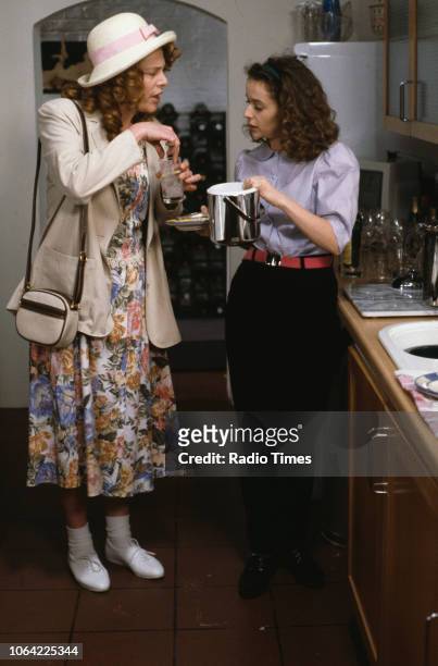 Actresses Mo Gaffney and Julia Sawalha in a scene from episode 'Birthday' of the television sitcom 'Absolutely Fabulous', March 10th 1992.