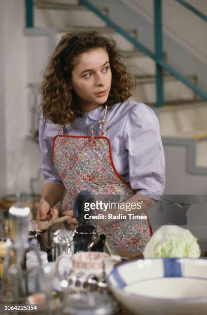 Actress Julia Sawalha in a kitchen scene from episode 'Birthday' of the television sitcom 'Absolutely Fabulous', March 10th 1992.