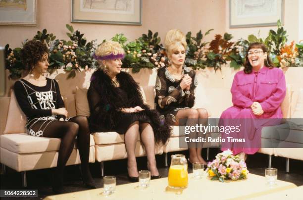 Actors Julia Sawalha, June Whitfield, Joanna Lumley and Dawn French in a chat show scene from episode 'Magazine' of the BBC television sitcom...