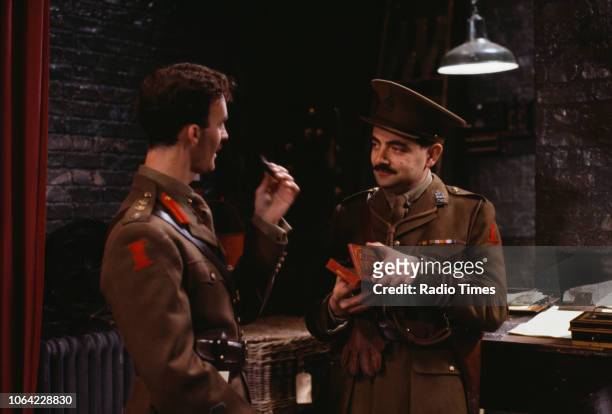 Actors Tim McInnerny and Rowan Atkinson in a scene from episode 'Major Star' of the BBC television sitcom 'Blackadder Goes Forth', September 1989.