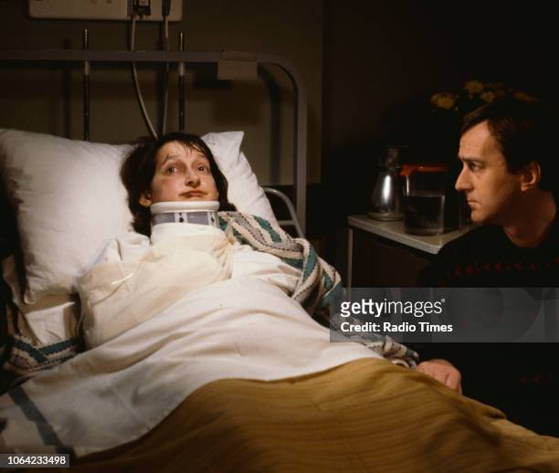 Actors Janine Duvitski and Angus Deayton in a hospital scene from the BBC television sitcom 'One Foot in the Grave', circa 1995.