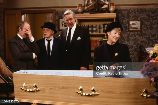 Actors Peter Sallis, Bill Owen, Michael Aldridge and Josie Kidd in a funeral scene from episode 'The Day of the Welsh Ferret' of the BBC television...