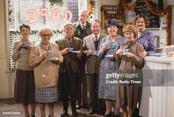 Portrait of actors Sarah Thomas, Thora Hird, Bill Owen, Brian Wilde , Peter Sallis, Kathy Staff, Juliette Kaplan and Jane Freeman on the cafe set...