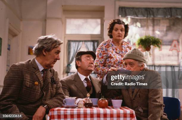 Actors Michael Aldridge, Peter Sallis, Jane Freeman and Bill Owen in a scene from episode 'Jaws' of the BBC television sitcom 'Last of the Summer...