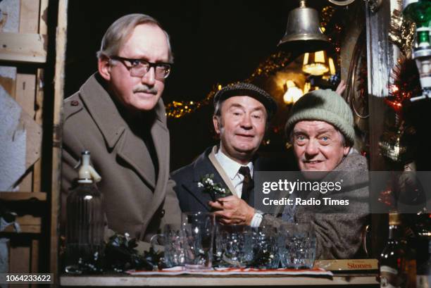 Actors Brian Wilde, Peter Sallis and Bill Owen in a pub scene from the BBC television sitcom 'Last of the Summer Wine', circa 1990.