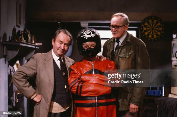 Actors Peter Sallis, Bill Owen and Brian Wilde in a scene from the BBC television sitcom 'Last of the Summer Wine', circa 1990.