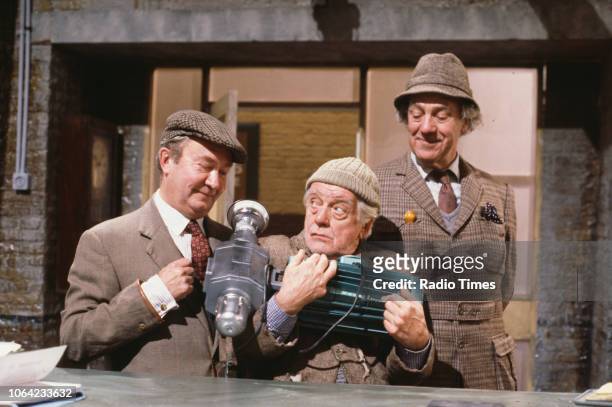 Actors Peter Sallis, Bill Owen and Michael Aldridge in a scene from episode 'Jaws' of the BBC television sitcom 'Last of the Summer Wine', November...