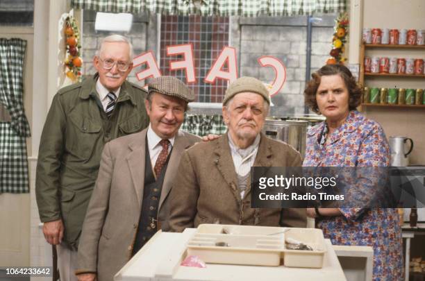 Portrait of actors Brian Wilde, Peter Sallis, Bill Owen and Jane Freeman on the cafe set of the BBC television sitcom 'Last of the Summer Wine',...