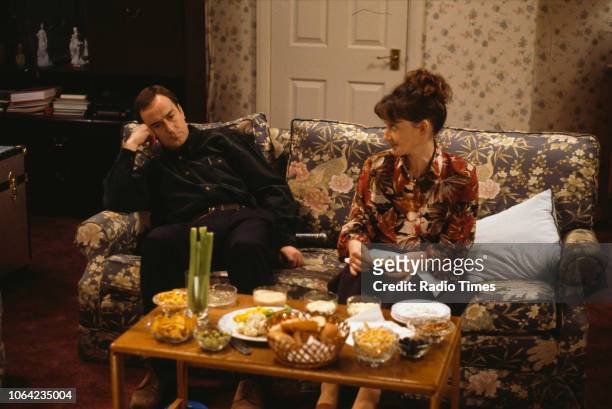 Actors Angus Deayton and Janine Duvitski in a scene from episode 'Secret of the Seven Sorcerers' of the BBC Television sitcom 'One Foot in the...